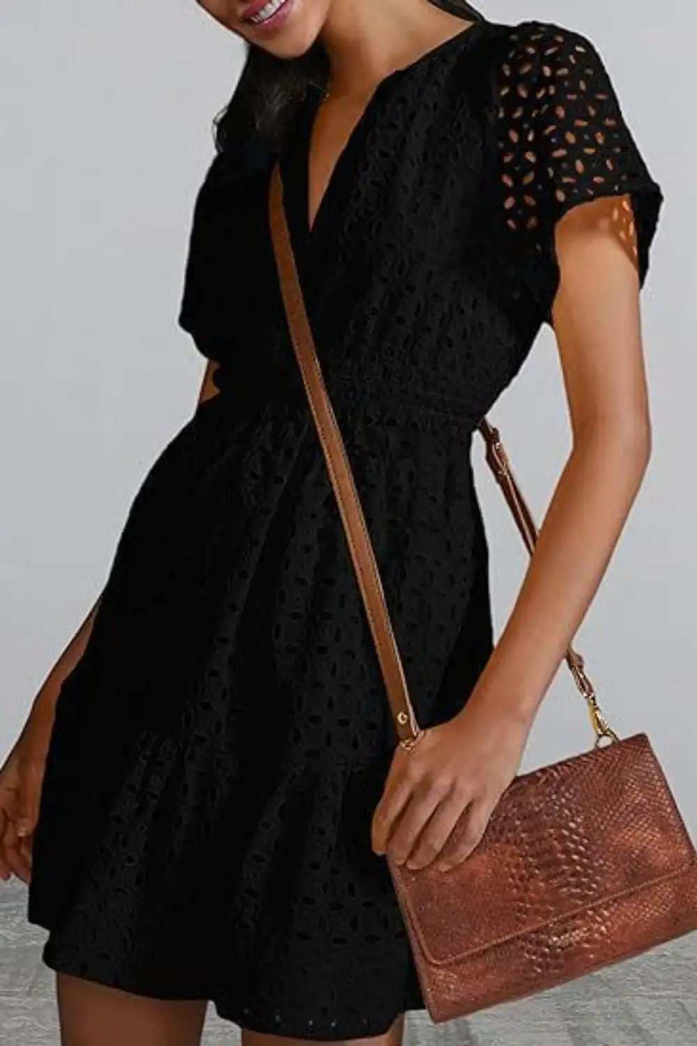 Eyelet Notched Short Sleeve Mini Dress - Trendsi - Flyclothing LLC