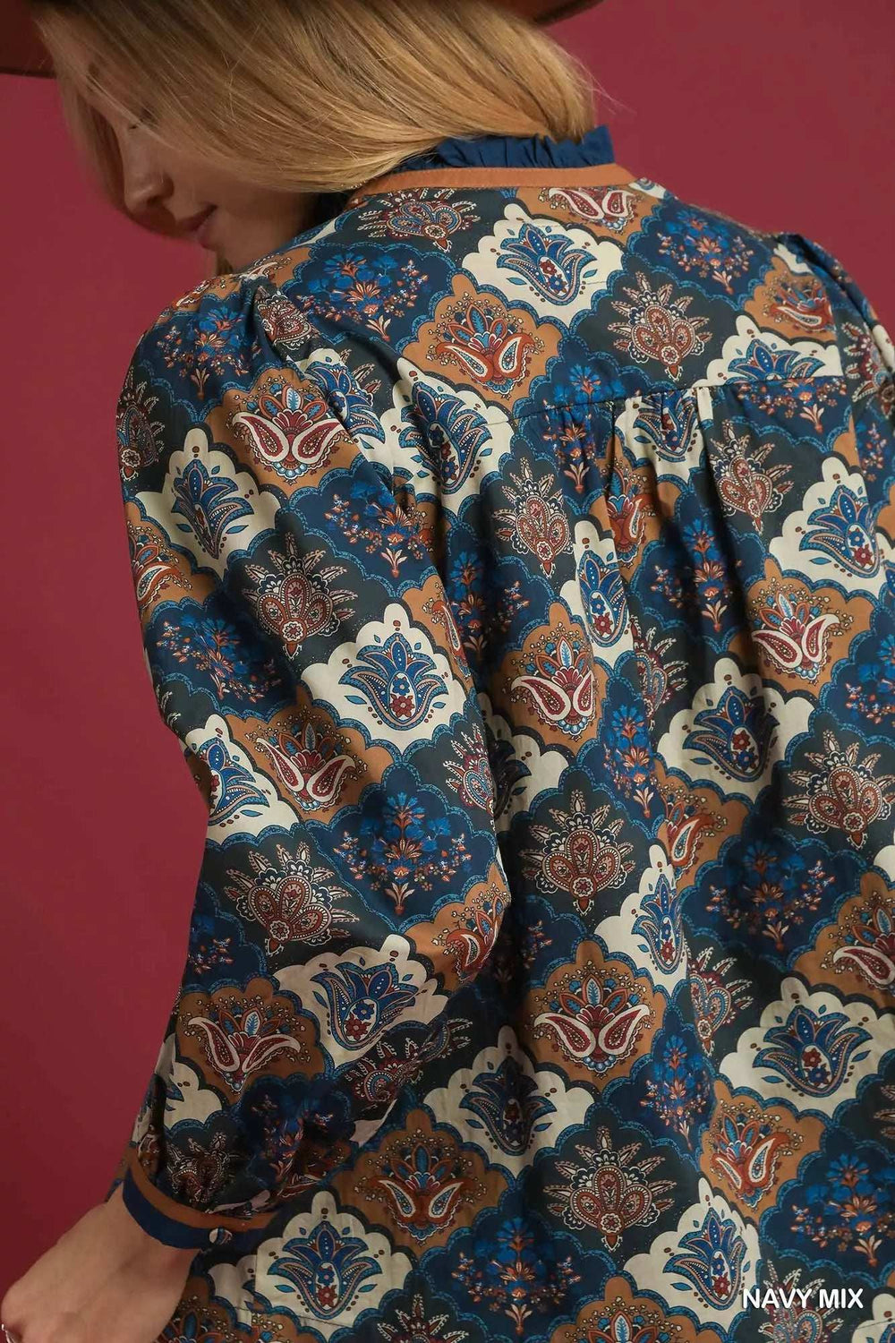 Umgee Abstract Print Ruffle Neck Top - Trendsi - Flyclothing LLC