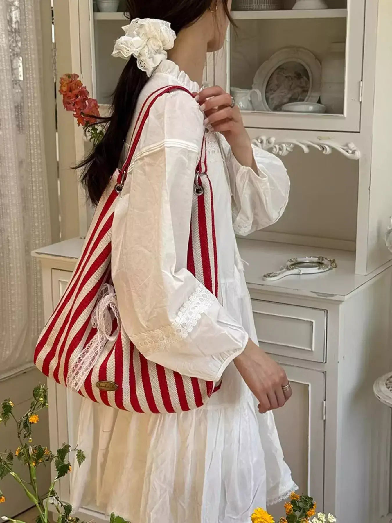 Striped Canvas Tote Bag - Trendsi - Flyclothing LLC