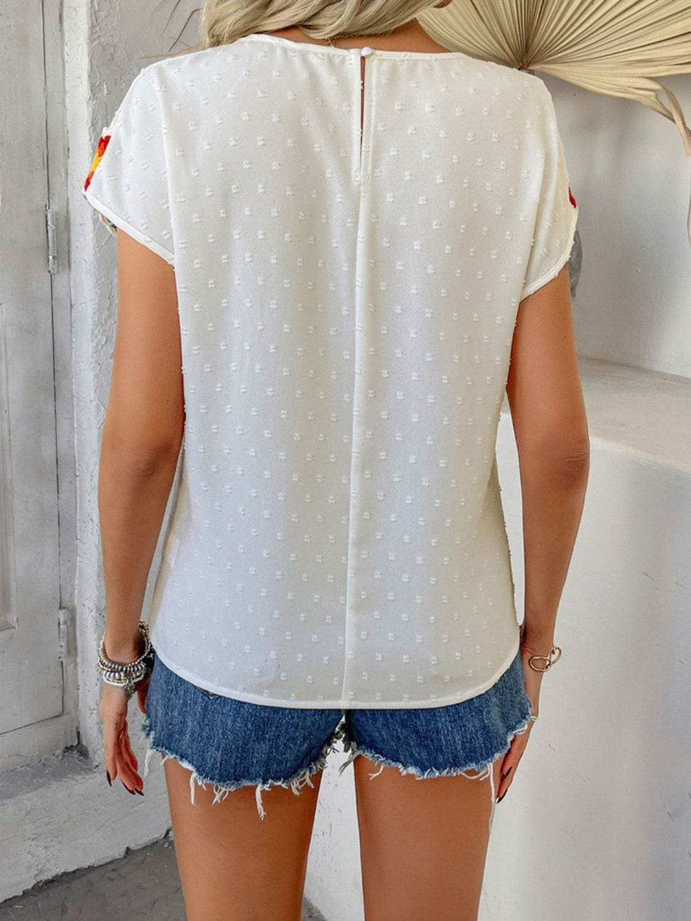 Devine Swiss Dot Round Neck Crochet Short Sleeve Top - Trendsi - Flyclothing LLC