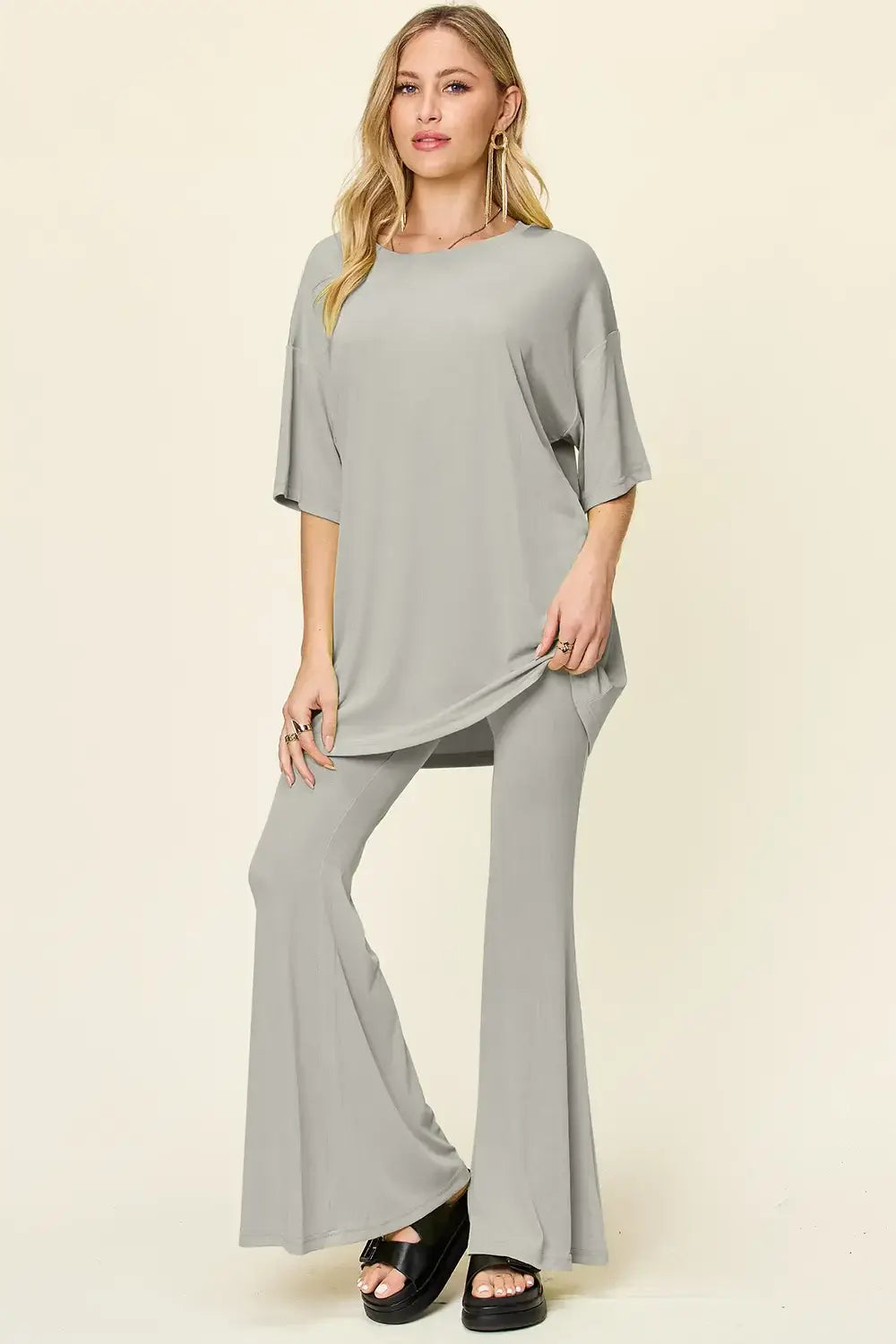 Double Take Full Size Round Neck Drop Shoulder T-Shirt and Flare Pants Set - Trendsi - Flyclothing LLC