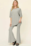 Double Take Full Size Round Neck Drop Shoulder T-Shirt and Flare Pants Set - Trendsi - Flyclothing LLC