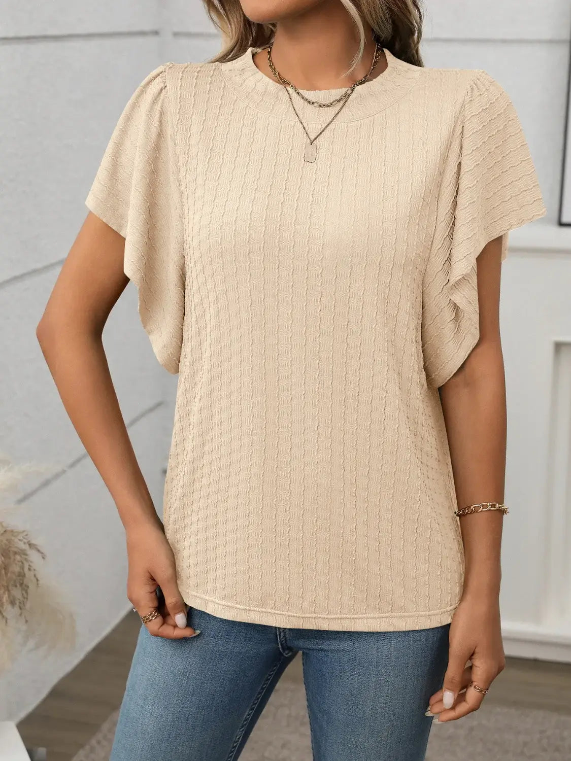 Round Neck Flutter Sleeve T-Shirt - Trendsi - Flyclothing LLC