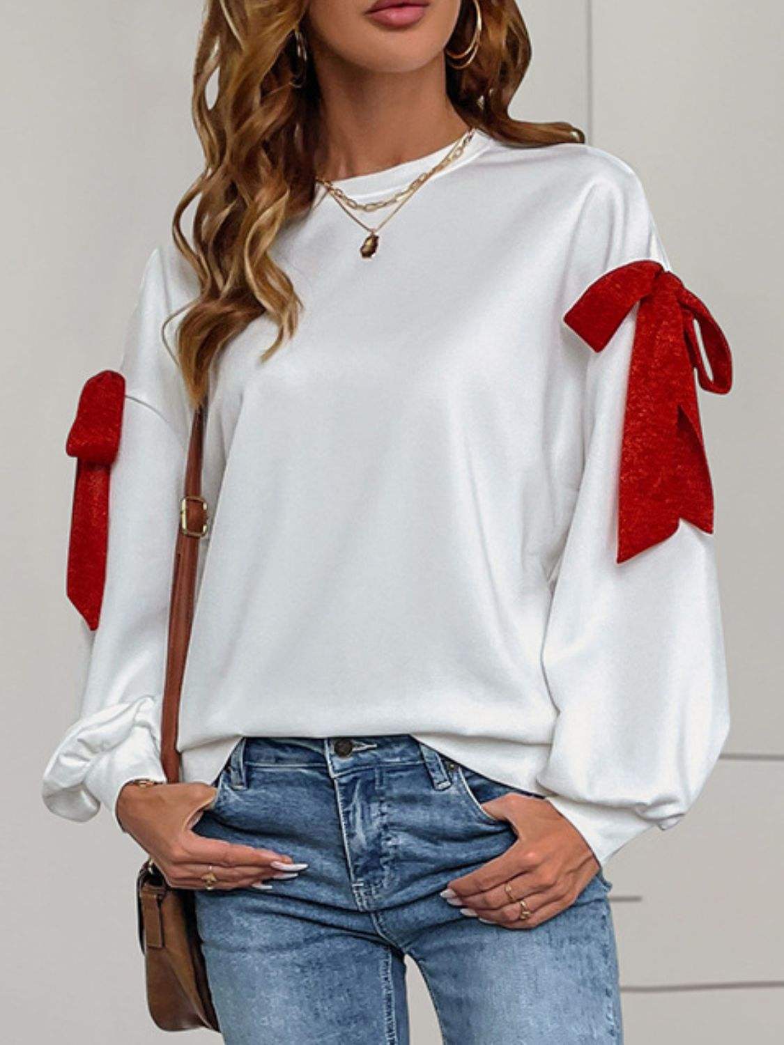 Perfee Bow Round Neck Long Sleeve Sweatshirt - Trendsi - Flyclothing LLC