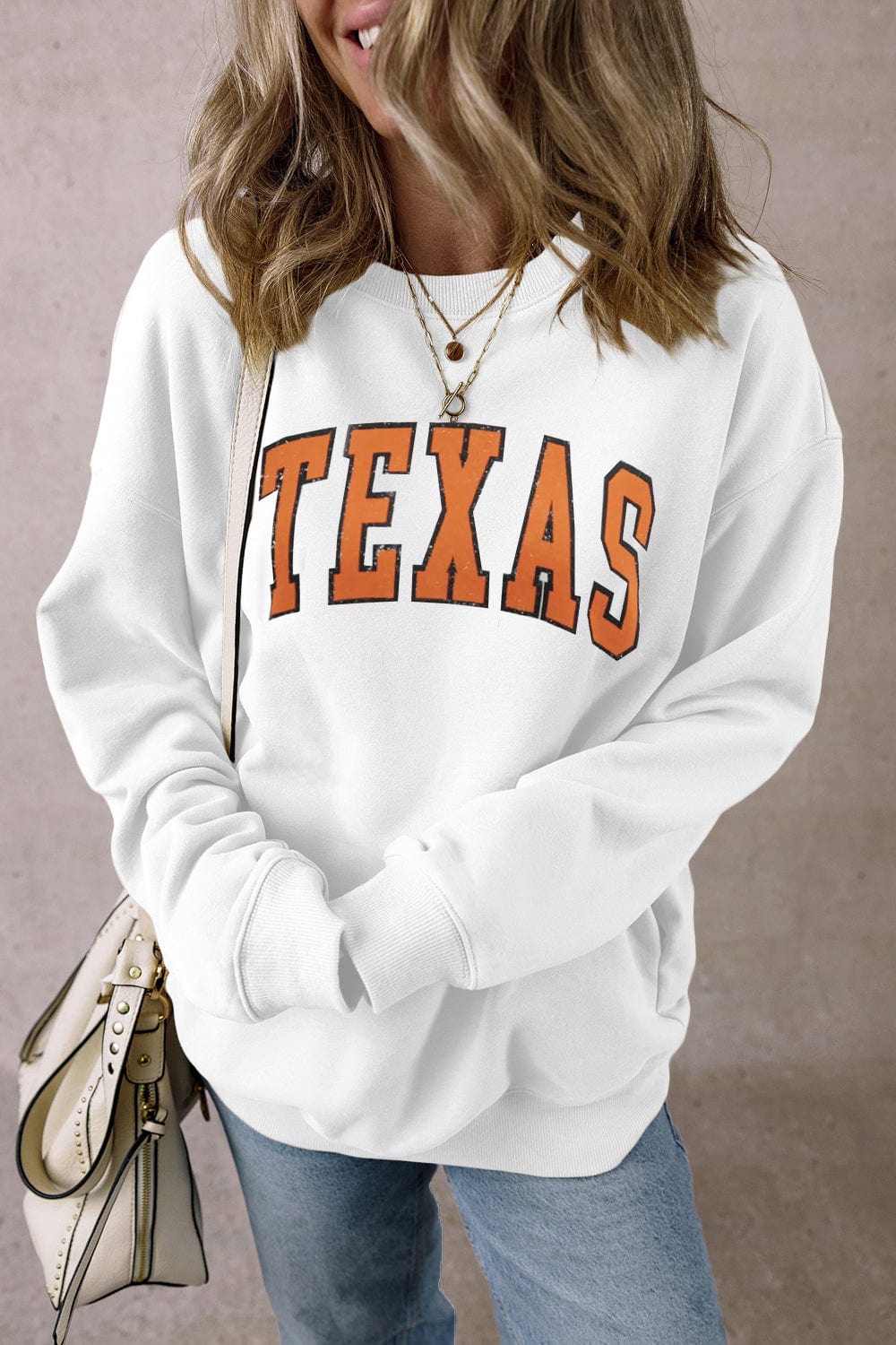 TEXAS Round Neck Dropped Shoulder Sweatshirt - Trendsi