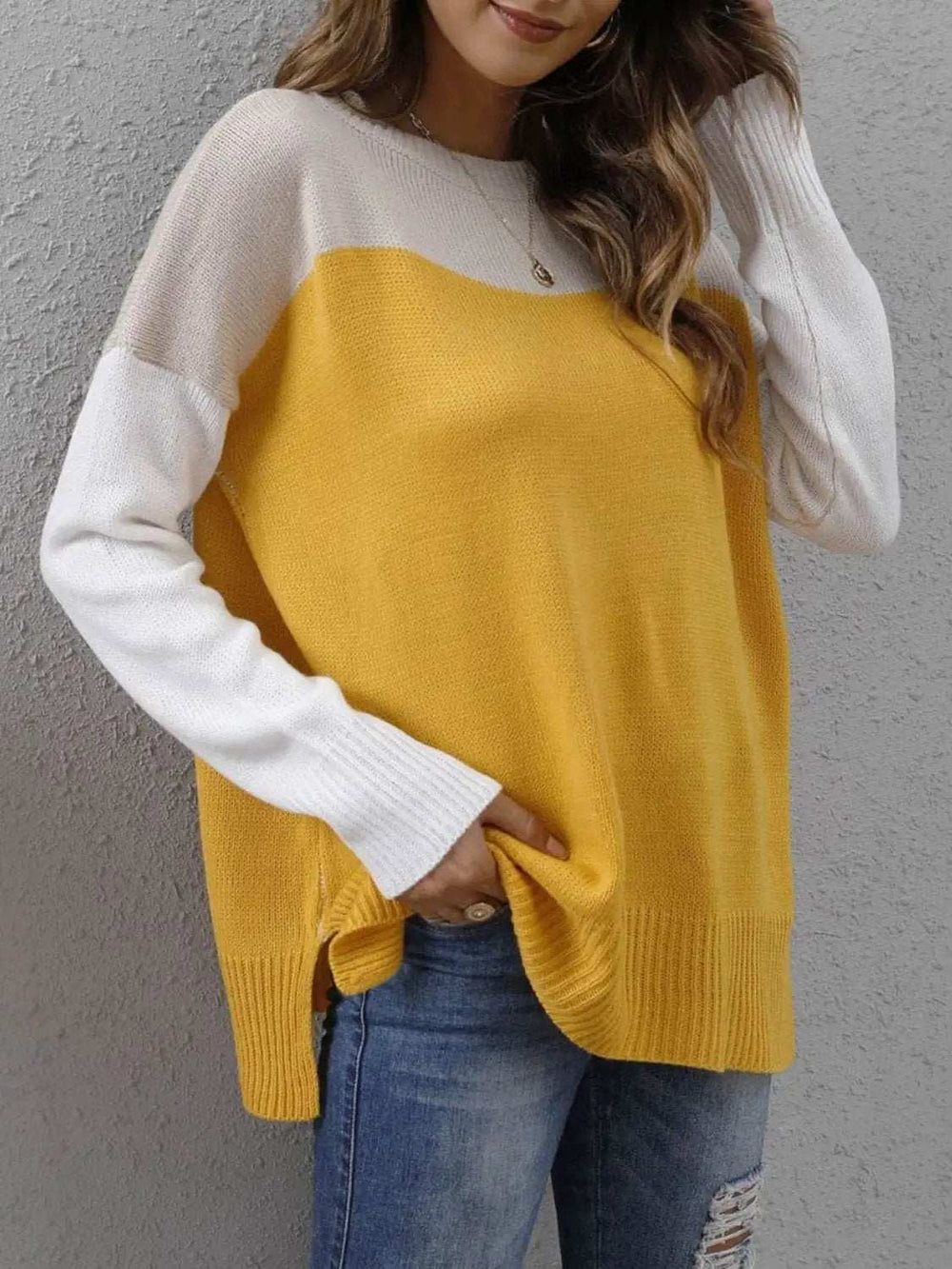 Color Block Round Neck Sweater - Trendsi - Flyclothing LLC