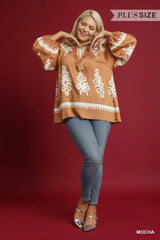 Umgee Full Size Two Tone Border Print Top with Balloon Sleeves Plus Size - Trendsi - Flyclothing LLC