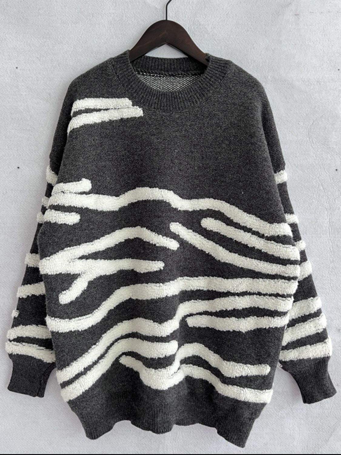 Contrast Round Neck Long Sleeve Sweater - Trendsi - Flyclothing LLC