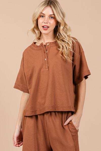 Ces Femme Half Button Half Sleeve Top and Pants Set - Trendsi - Flyclothing LLC