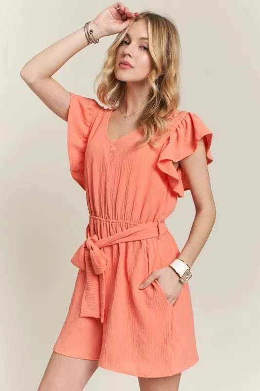 ADORA Ruffle Sleeves Romper with Pockets - Trendsi - Flyclothing LLC
