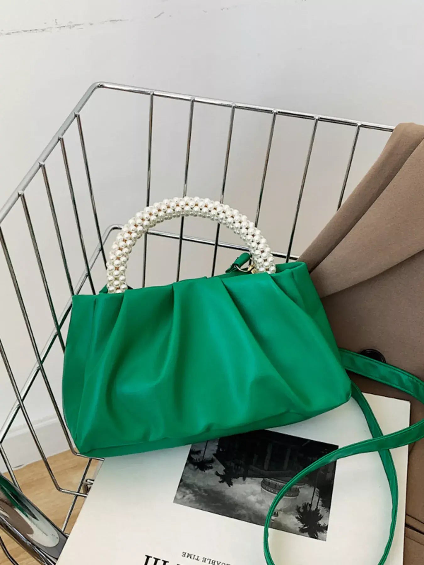 Pearl Handle Ruched Crossbody Bag - Trendsi - Flyclothing LLC