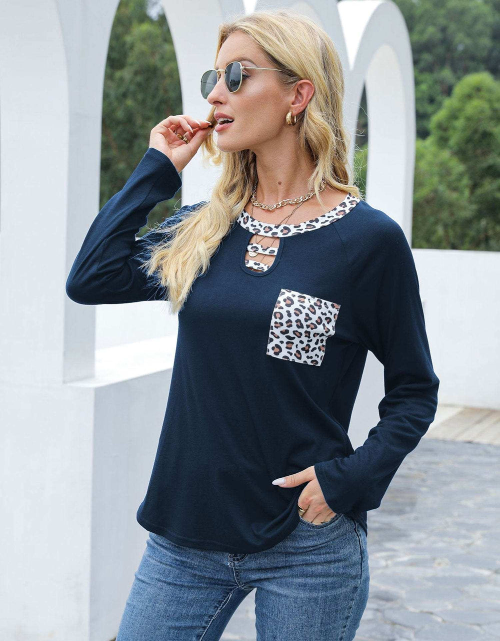 Cutout Leopard Round Neck Long Sleeve T-Shirt - Trendsi - Flyclothing LLC
