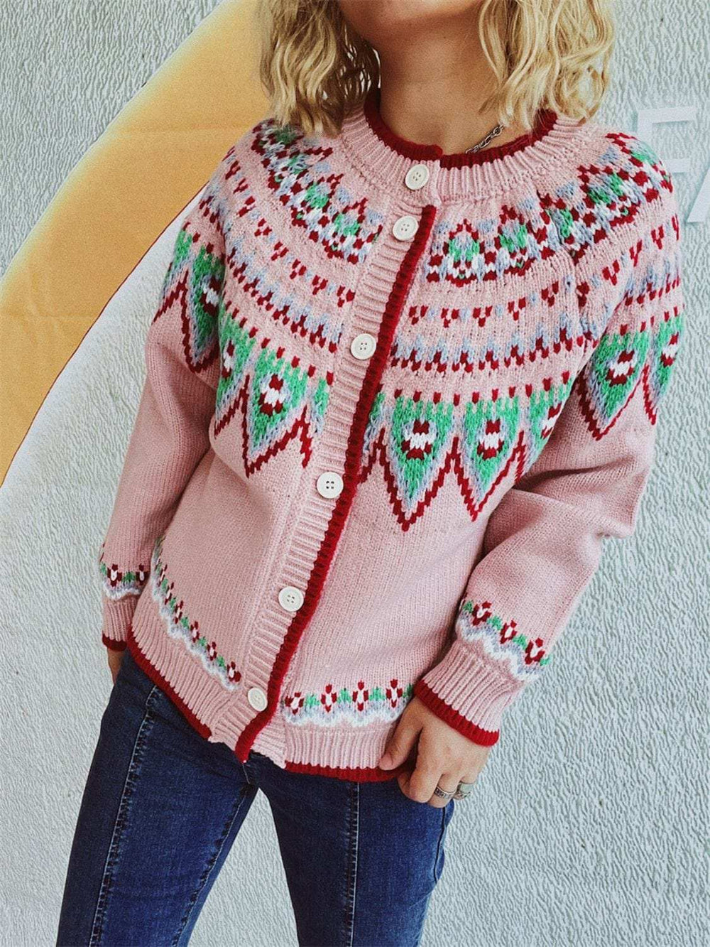 Contrast Geometric Round Neck Long Sleeve Cardigan - Trendsi - Flyclothing LLC