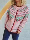 Contrast Geometric Round Neck Long Sleeve Cardigan - Trendsi - Flyclothing LLC