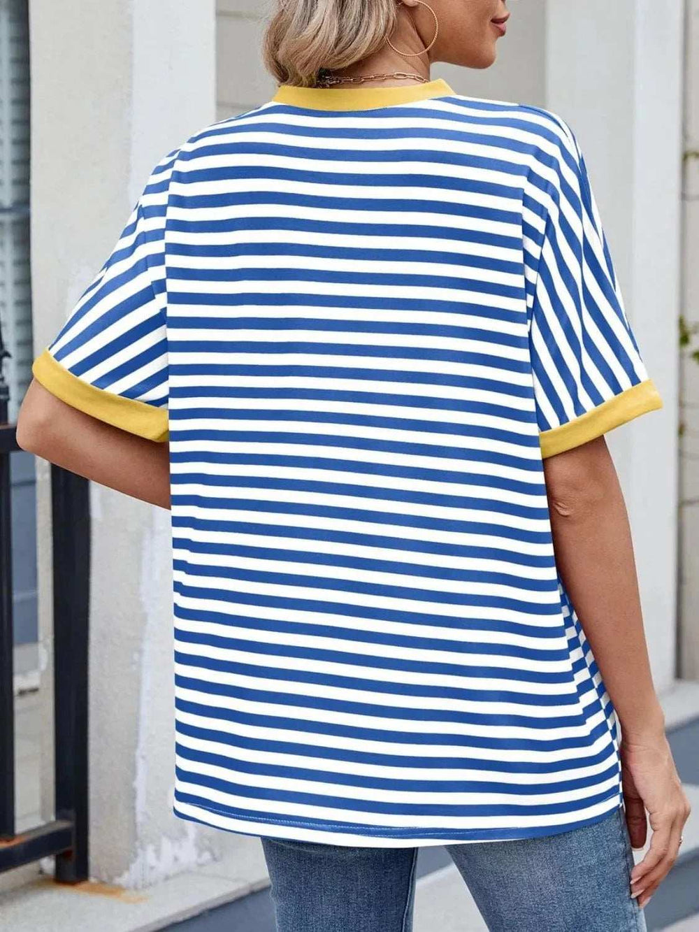 Striped Round Neck Half Sleeve T-Shirt - Trendsi - Flyclothing LLC