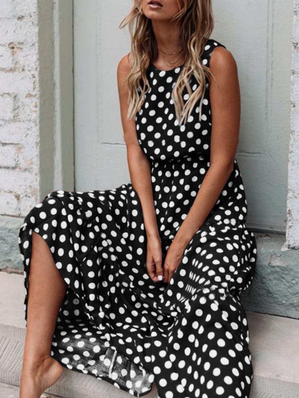 Polka Dot Round Neck Sleeveless Midi Dress - Trendsi - Flyclothing LLC
