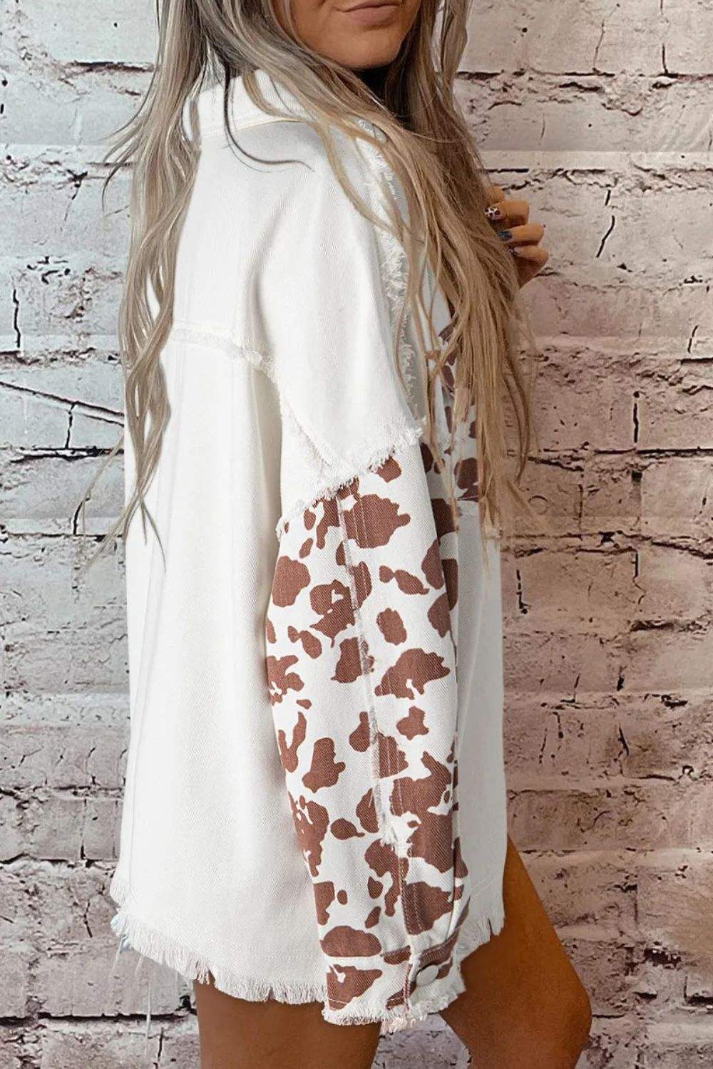 Raw Hem Animal Print Long Sleeve Denim Jacket - Trendsi - Flyclothing LLC