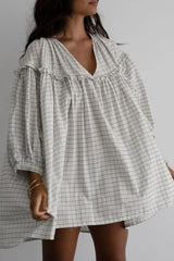 Frill Plaid Notched Balloon Sleeve Mini Dress - Trendsi - Flyclothing LLC