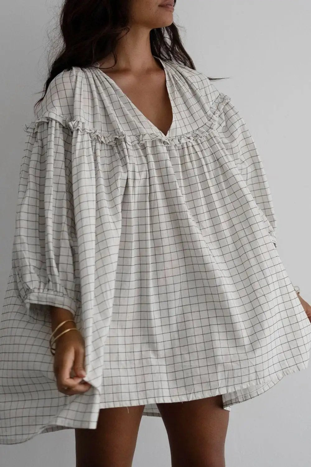 Frill Plaid Notched Balloon Sleeve Mini Dress - Trendsi