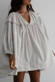 Frill Plaid Notched Balloon Sleeve Mini Dress - Trendsi