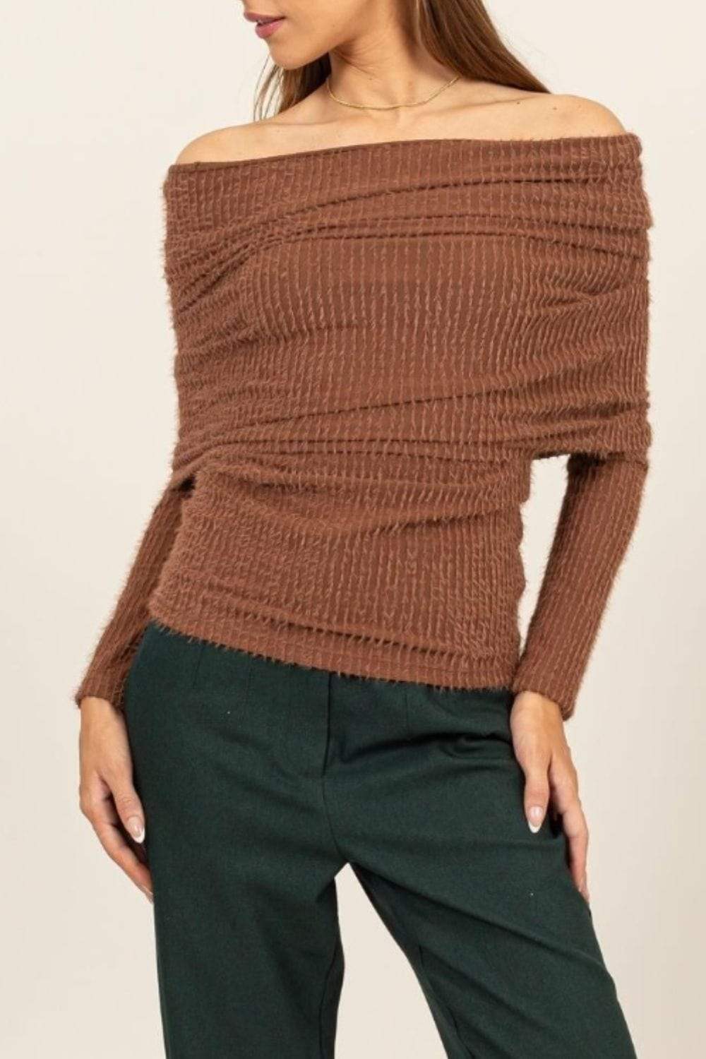 HYFVE Fuzzy Off Shoulder Textured Knit Top - Trendsi - Flyclothing LLC