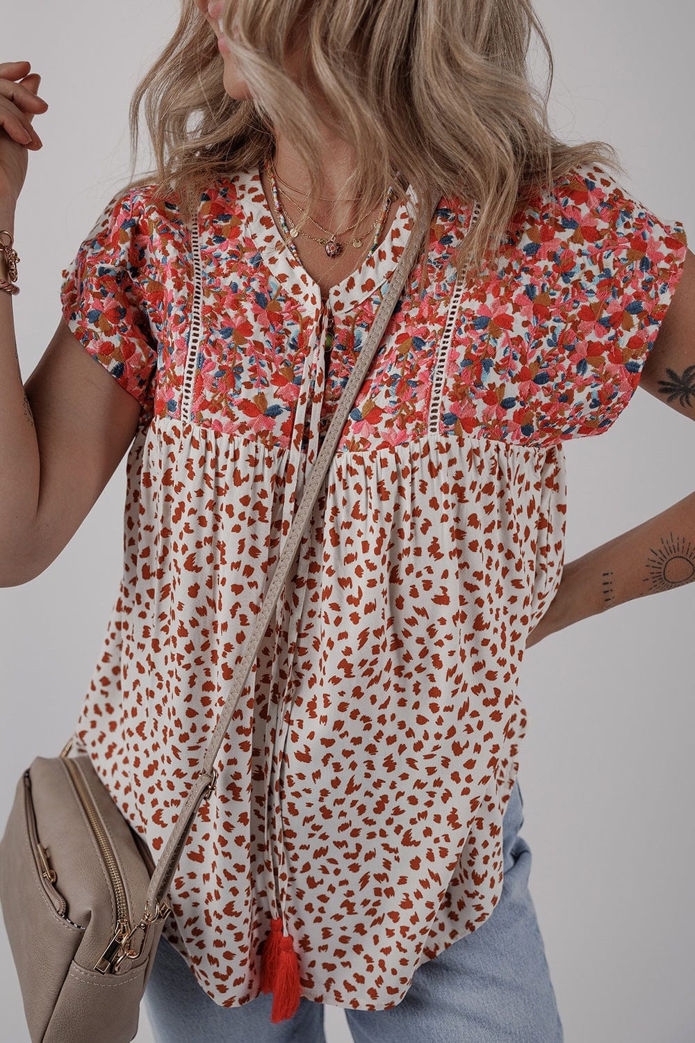 Printed Floral Embroidery Tie Neck Blouse - Trendsi