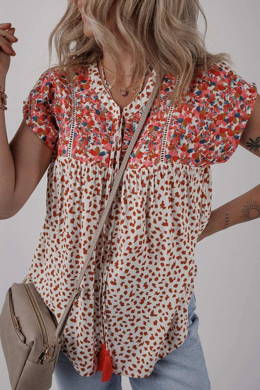 Printed Floral Embroidery Tie Neck Blouse - Trendsi - Flyclothing LLC