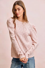 BiBi Textured Flower Knit Puff Shoulder Top - Trendsi - Flyclothing LLC