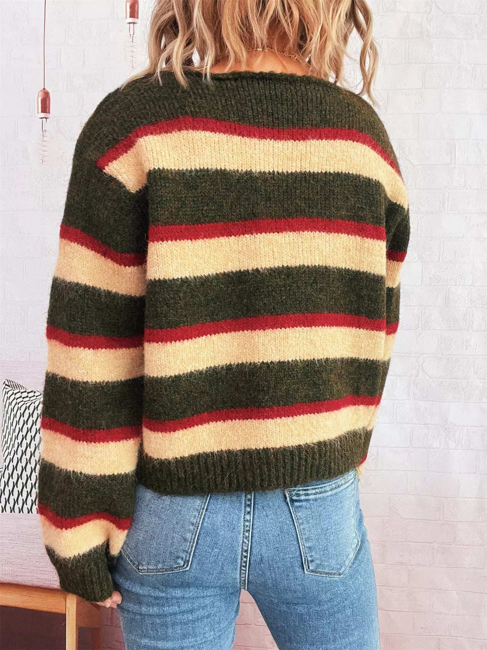 Striped Round Neck Long Sleeve Sweater - Trendsi - Flyclothing LLC