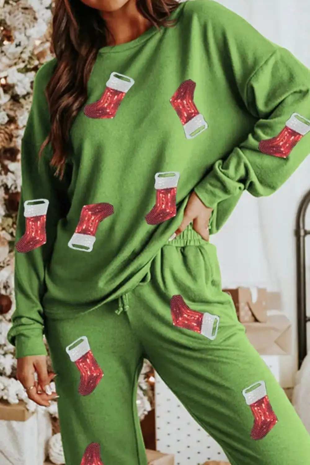 Sequin Socks Round Neck Long Sleeve Top and Pants Lounge Set - Trendsi - Flyclothing LLC
