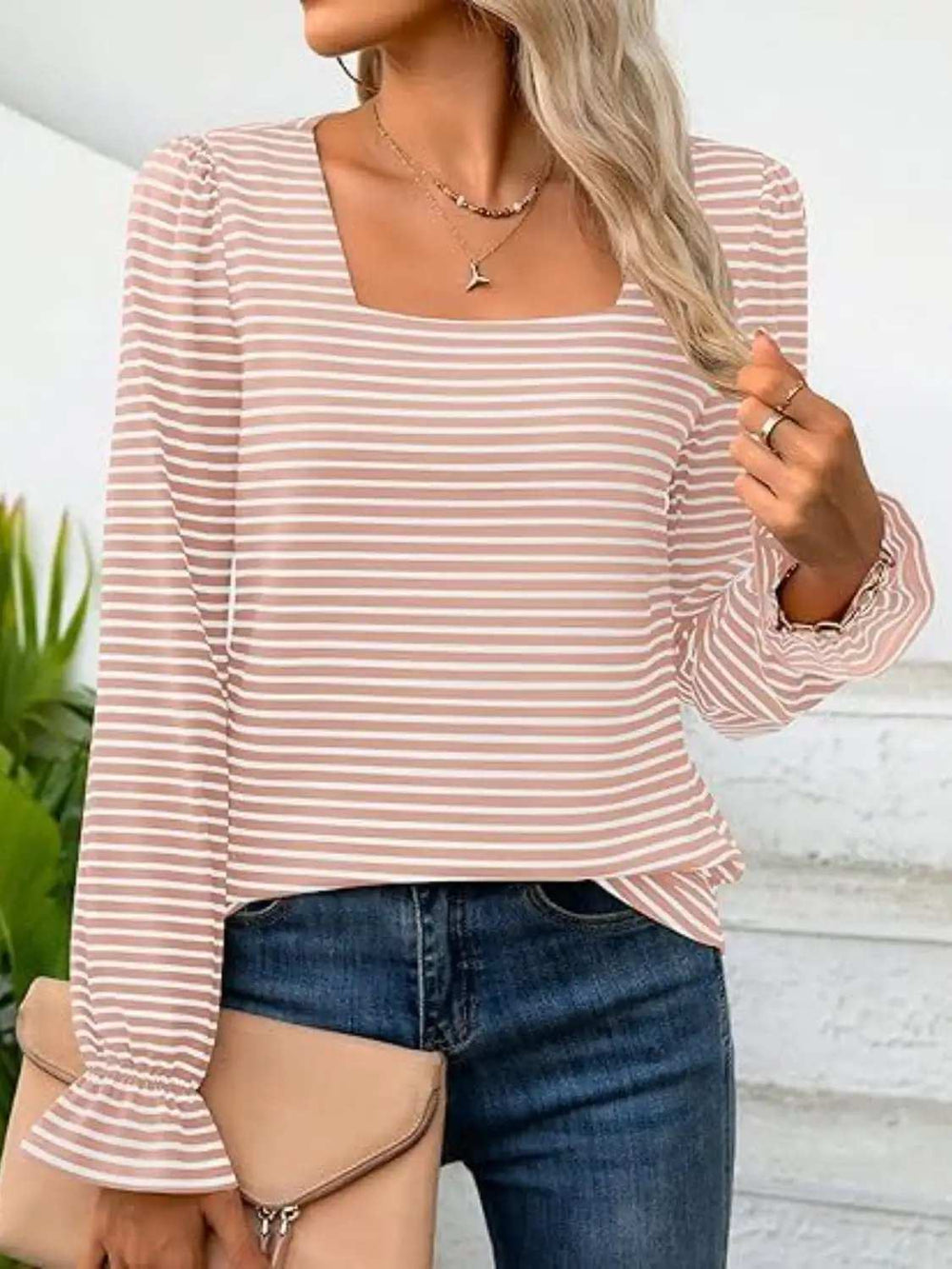 Striped Square Neck Flounce Sleeve Top - Trendsi - Flyclothing LLC