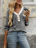 Striped V-Neck Button Front Casual Top - Trendsi - Flyclothing LLC