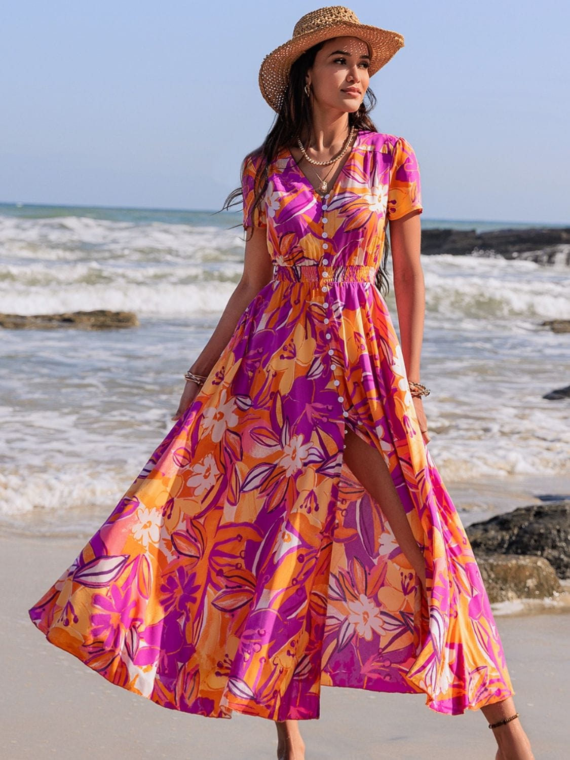 Printed V-Neck Short Sleeve Midi Dress - Trendsi