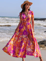 Printed V-Neck Short Sleeve Midi Dress - Trendsi