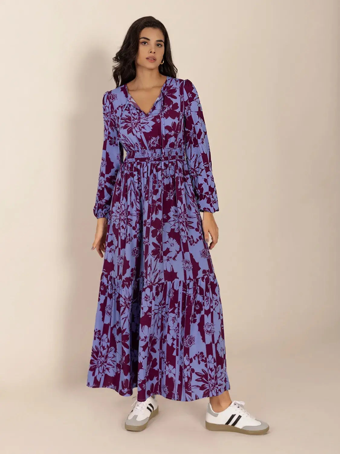 Printed Tie Neck Balloon Sleeve Maxi Dress - Trendsi - Flyclothing LLC