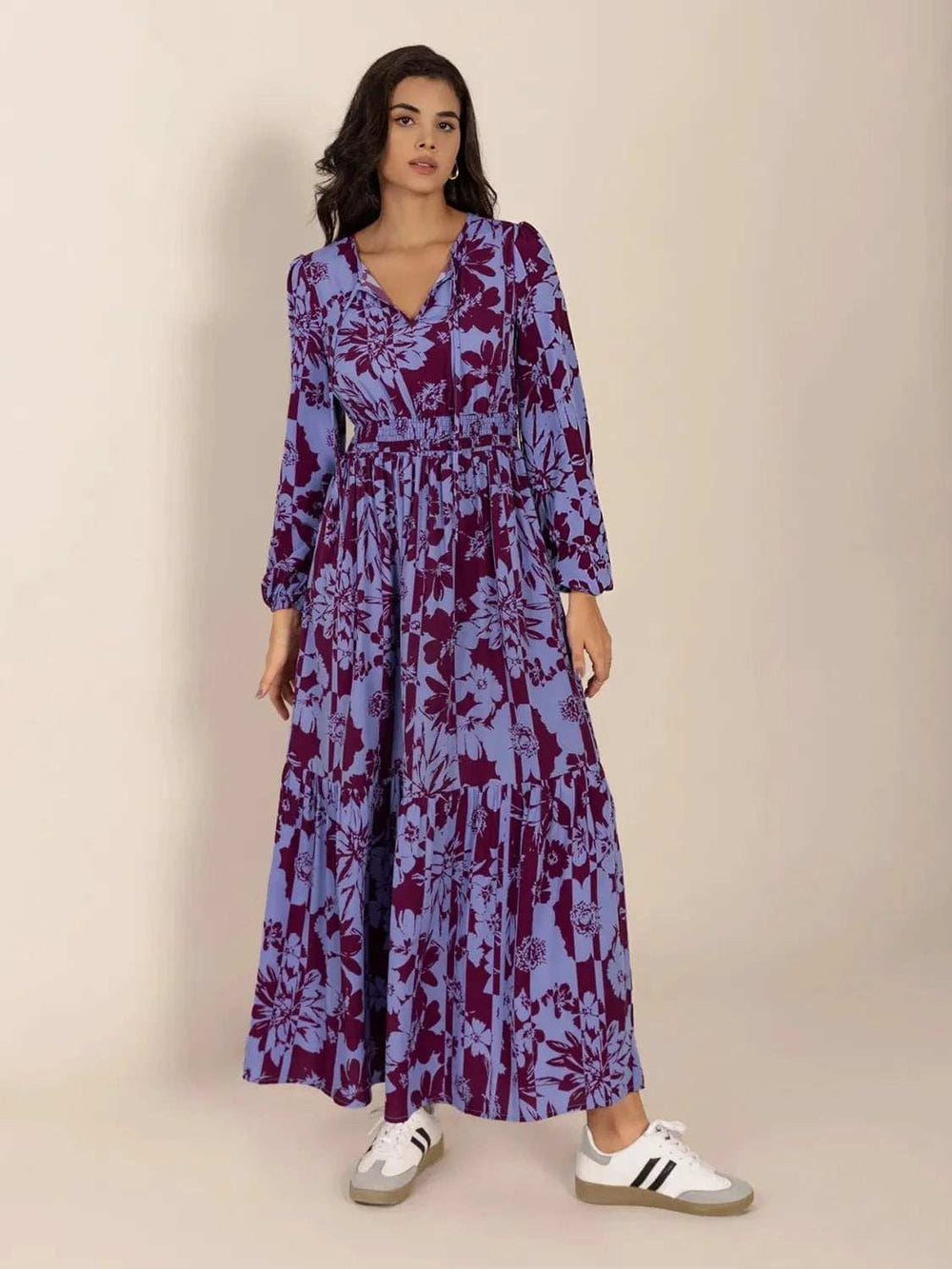 Printed Tie Neck Balloon Sleeve Maxi Dress - Trendsi - Flyclothing LLC