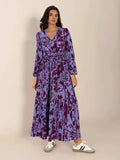 Printed Tie Neck Balloon Sleeve Maxi Dress - Trendsi - Flyclothing LLC