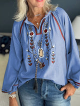 Floral Embroidered Split Neck Tassel Tie Puff Sleeve Blouse - Trendsi - Flyclothing LLC
