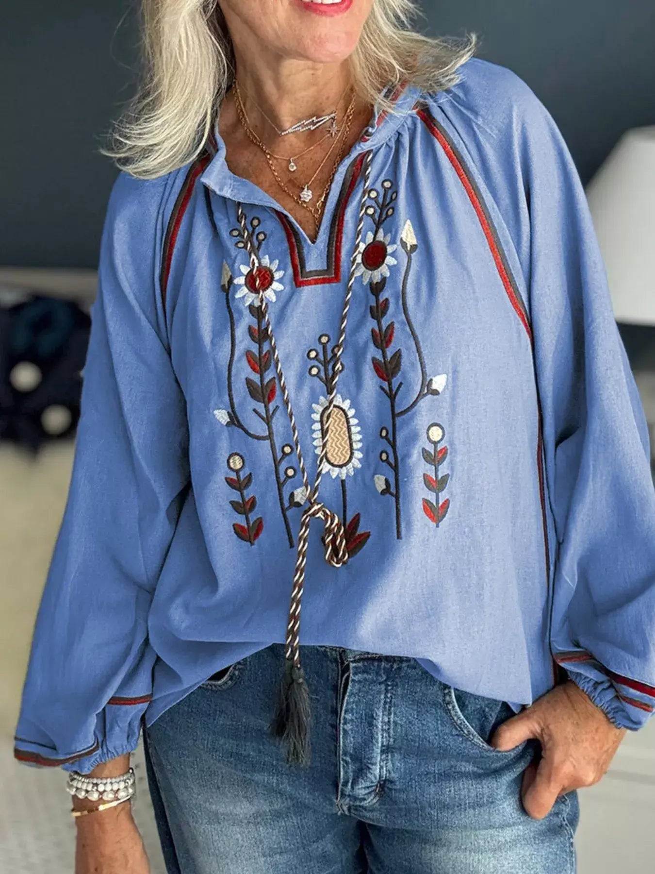 Floral Embroidered Split Neck Tassel Tie Puff Sleeve Blouse - Trendsi - Flyclothing LLC