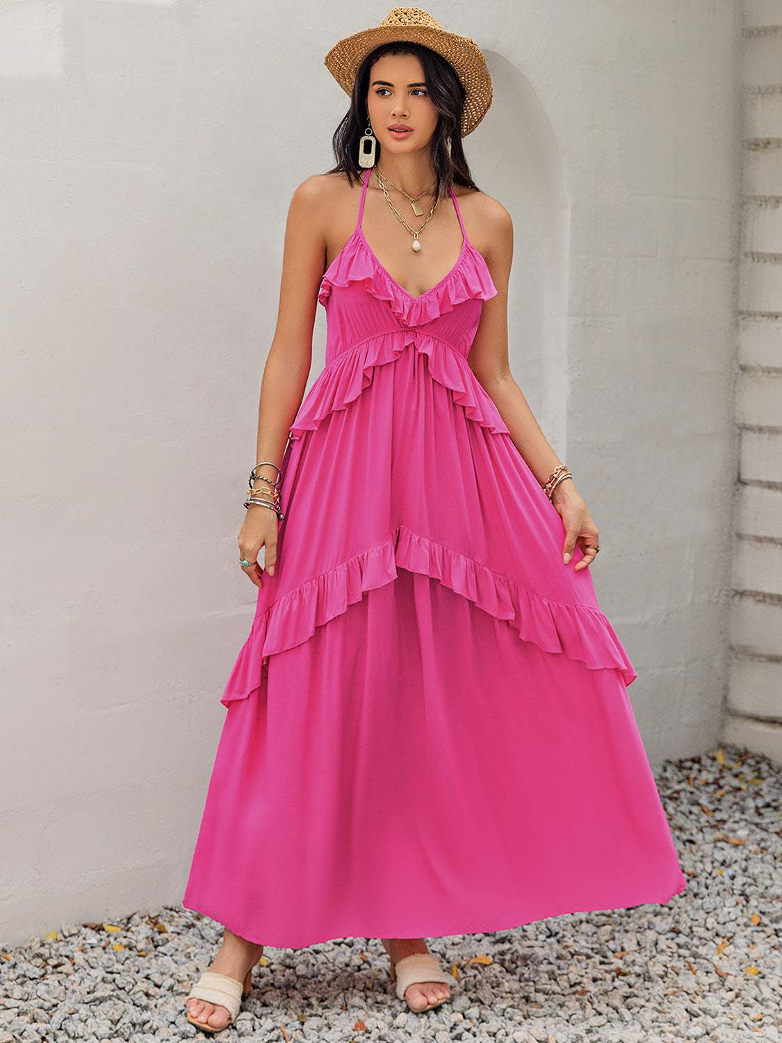 Ruffled Halter Neck Sleeveless Maxi Dress - Trendsi - Flyclothing LLC