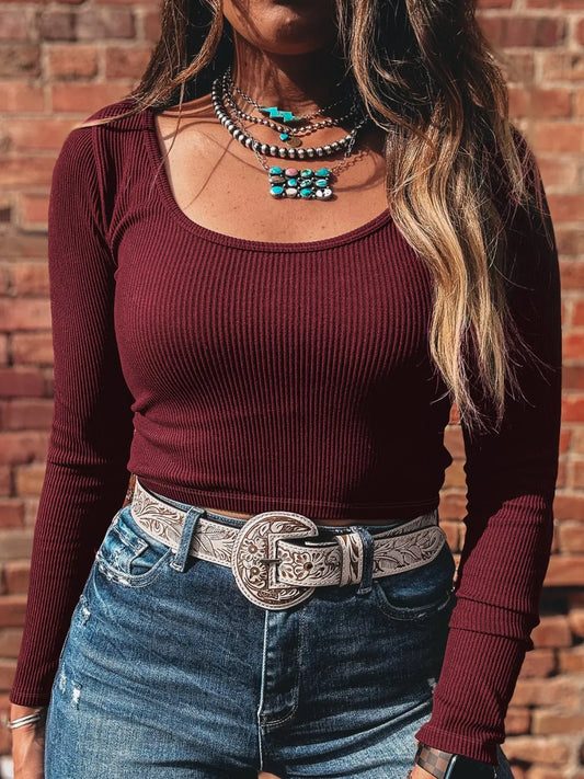 Ribbed Knit Long Sleeve Fitted T-Shirt - Trendsi - Flyclothing LLC