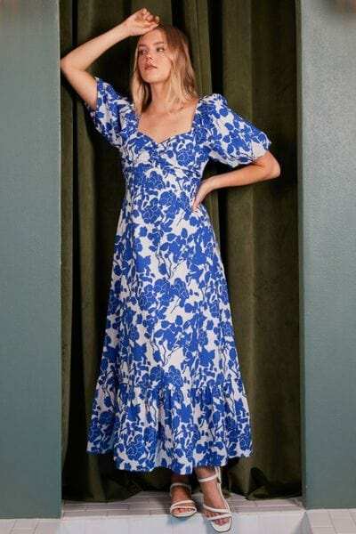 Mittoshop Cutout Back Floral Sweetheart Neck Puff Sleeve Dress - Trendsi - Flyclothing LLC