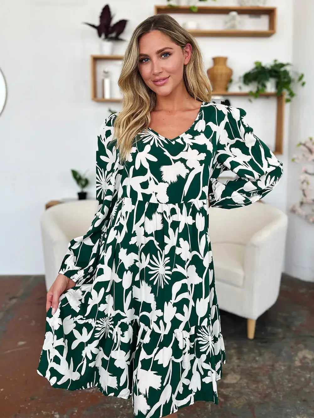 Double Take Full Size Printed Ruffle Hem Dress with Pocket - Trendsi - Flyclothing LLC
