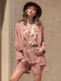 Lace Detail Collared Neck Long Sleeve Top and Shorts Set - Trendsi