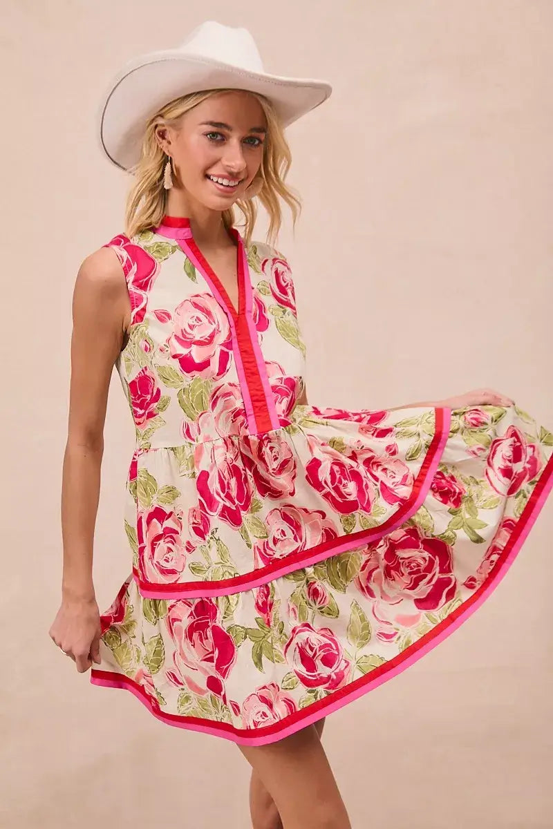 BiBi Floral Woven Contrast Edge Tiered Ruffle Mini Dress - Trendsi - Flyclothing LLC