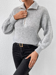 Honey Half Zip Dropped Shoulder Sweater - Trendsi