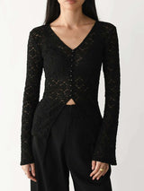 Lace V-Neck Flare Sleeve T-Shirt - Trendsi - Flyclothing LLC