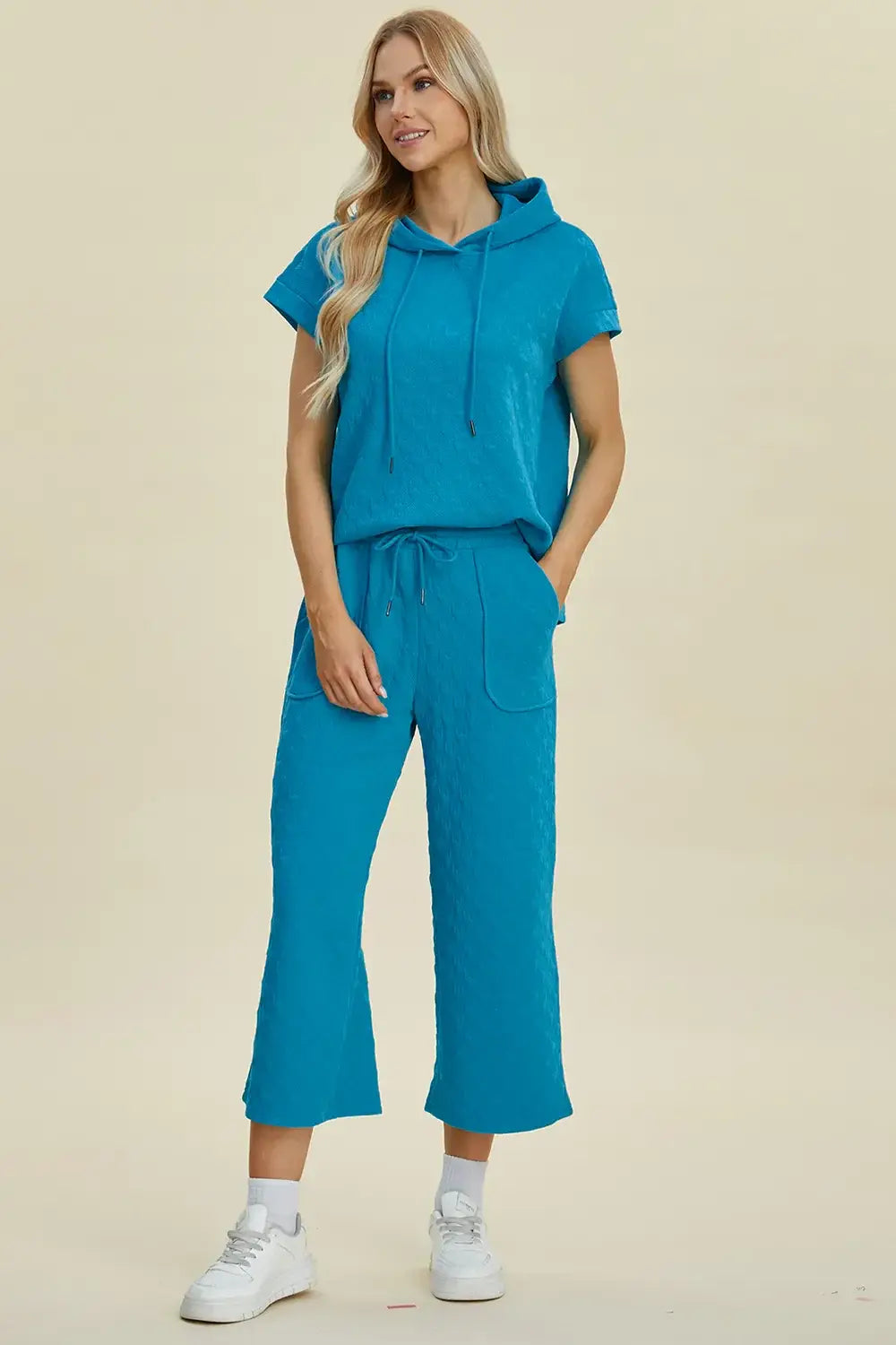 Double Take Full Size Texture Drawstring Short Sleeve Hoodie and Pocketed Pants Set - Trendsi - Flyclothing LLC