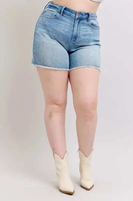 Judy Blue Full Size High Waist Western Embroidery Detail Cut Off Denim Shorts Plus Size - Trendsi - Flyclothing LLC