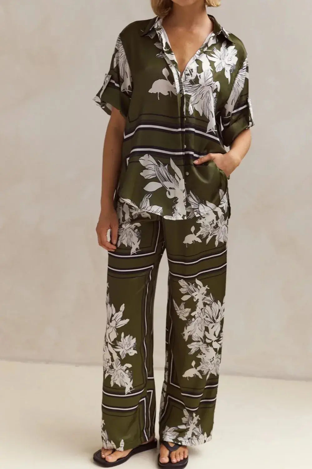 Printed Button Up Shirt and Pants Set - Trendsi - Flyclothing LLC